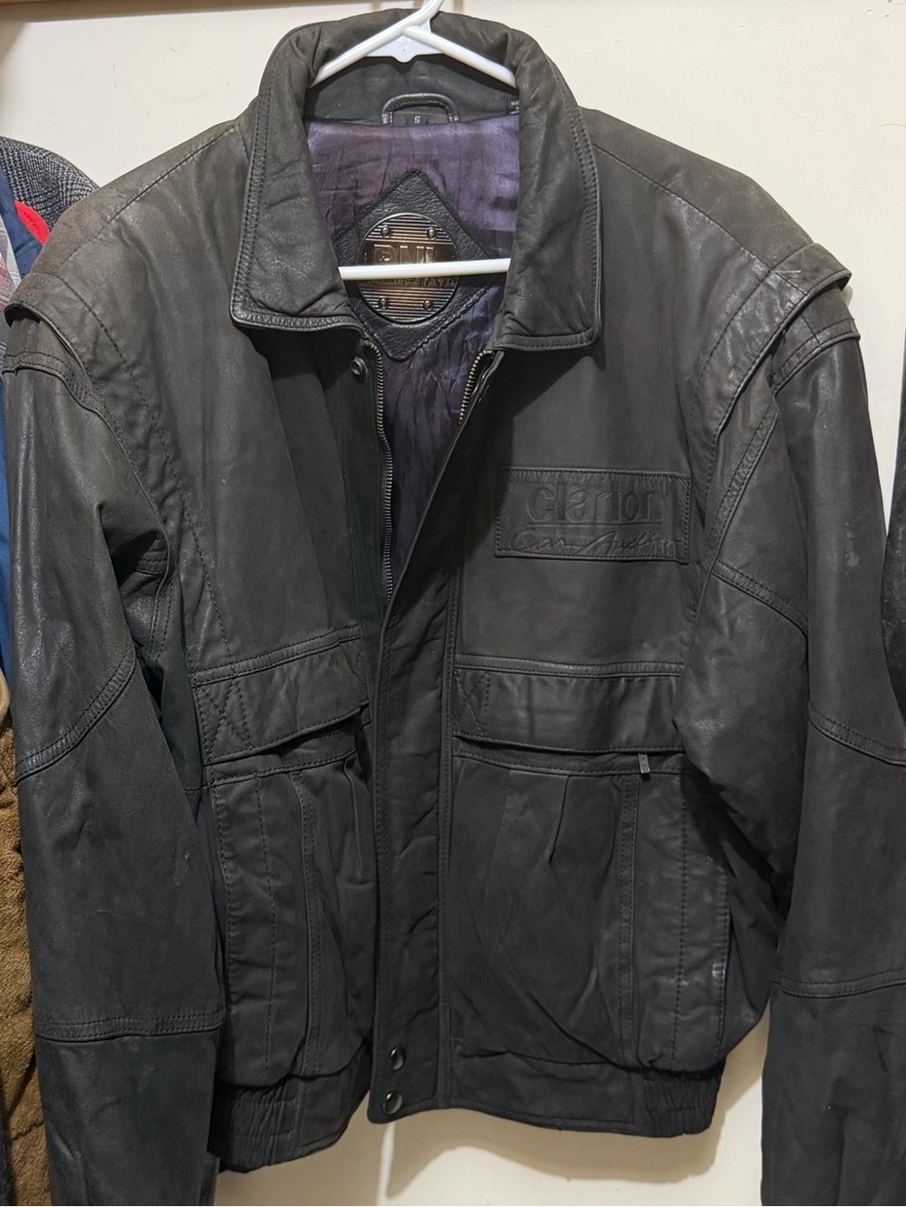 Vtg Clarion Car Audio RNI Leather Bomber Jacket Mens S 80s 90s Promo Rare